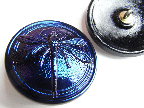 チェコガラスボタン】蜻蛉・ダーク青メタリック・大(3.15cm